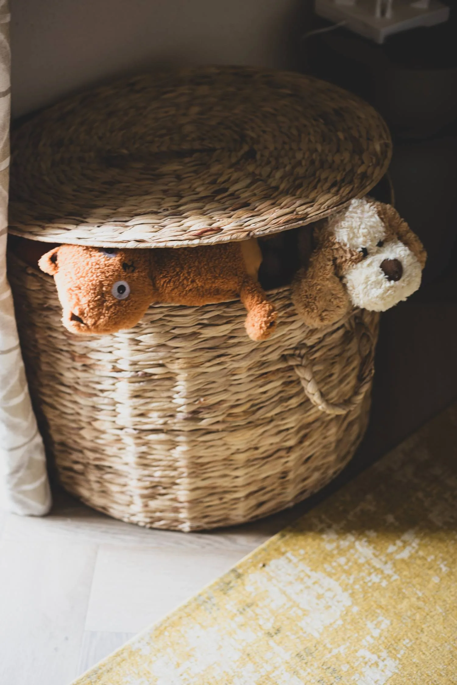 Ein Korb mit Kuscheltieren, bereit für Kinder bei LaMaison