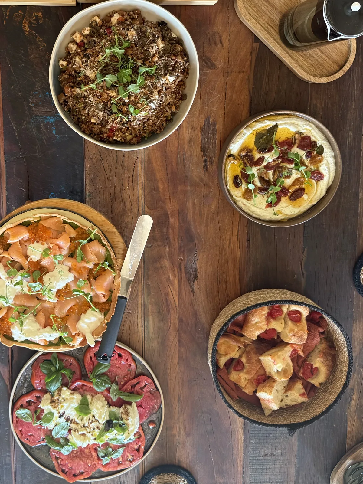 An overhead spread of dishes at LaMaison