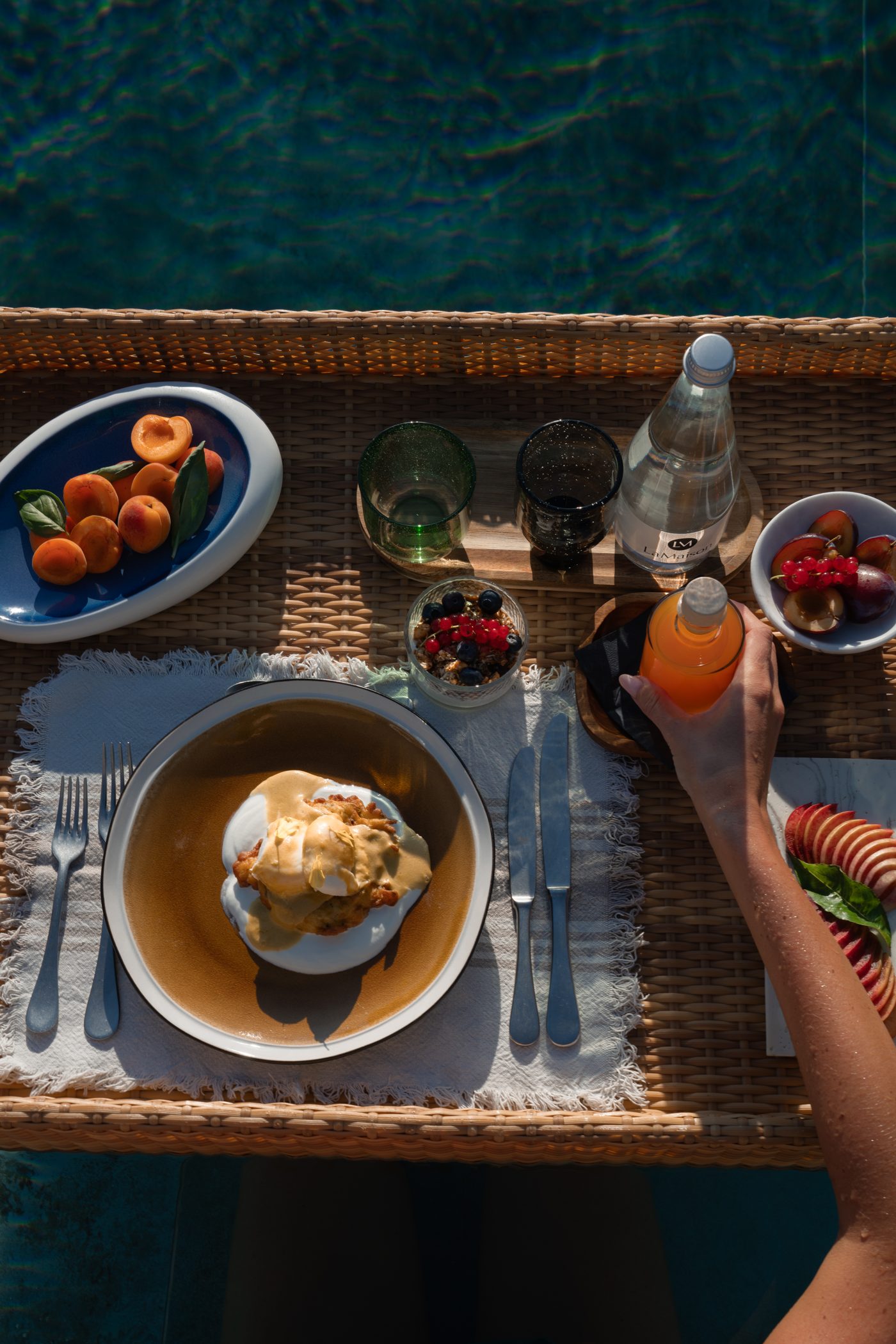 A breakfast of village eggs, sourdough and fruit laid out in the morning at LaMaison