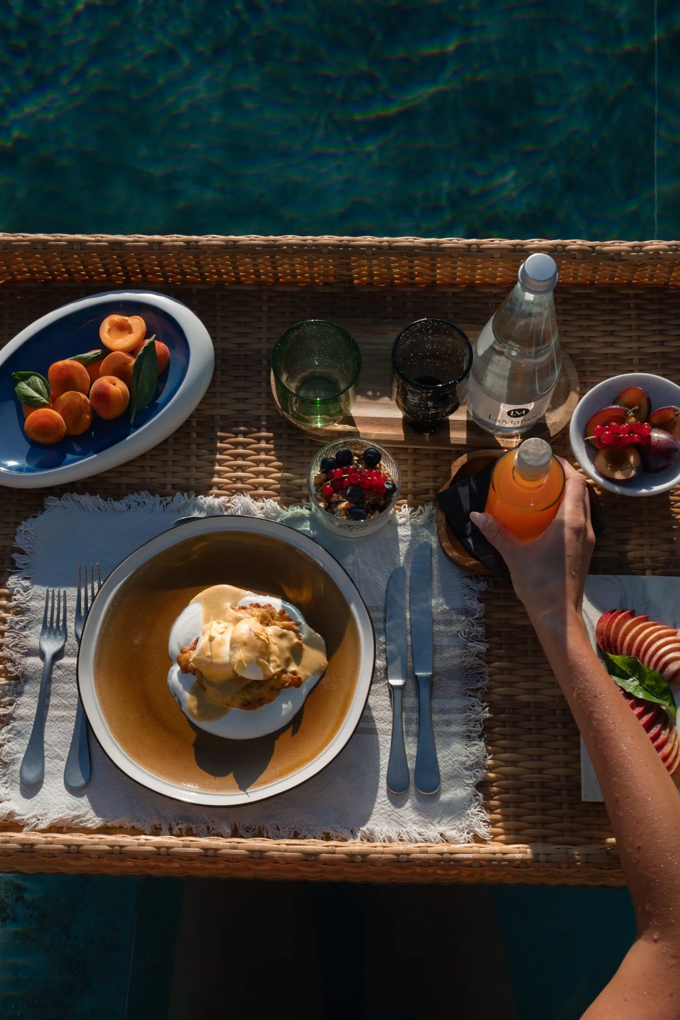 A breakfast of village eggs, sourdough and fruit laid out in the morning at LaMaison